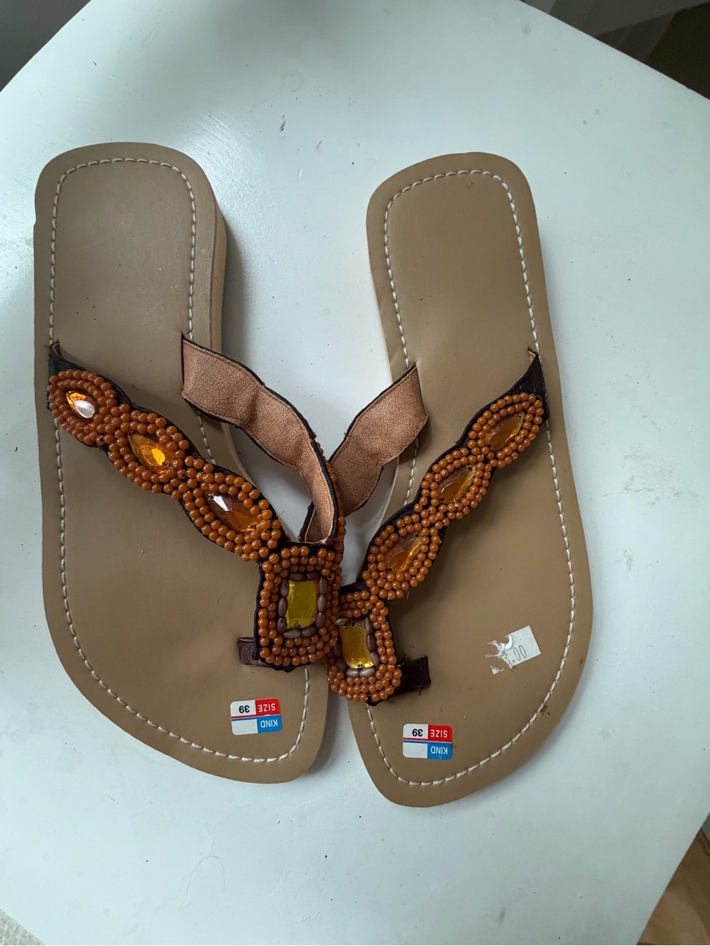 Women's Tan Beaded Thong Sandals